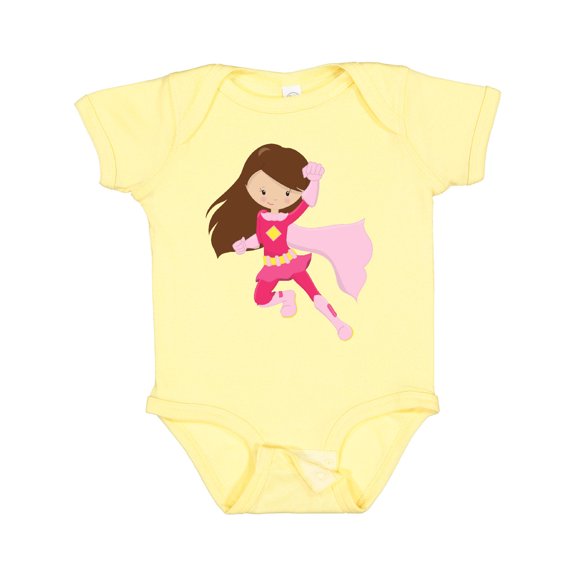 Inktastic Superhero Girl, Cute Girl, Brown Hair, Pink Cape Girls Baby Bodysuit