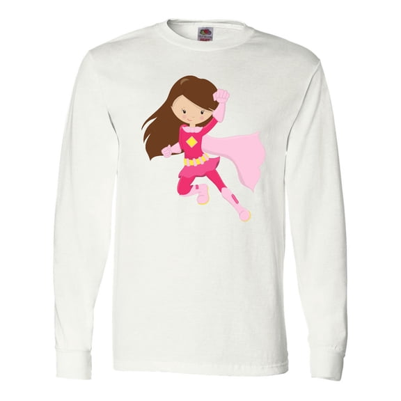 Inktastic Superhero Girl, Brown Hair, Pink Costume Long Sleeve T-Shirt