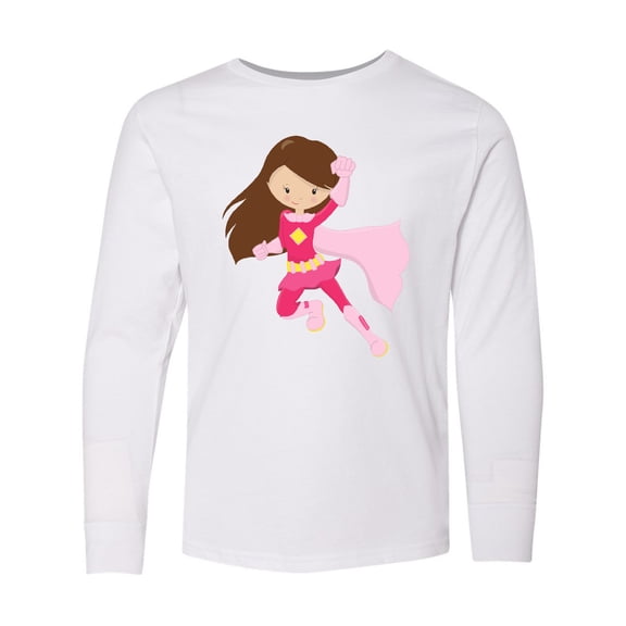 Inktastic Superhero Girl, Brown Hair, Pink Costume Long Sleeve Youth T-Shirt