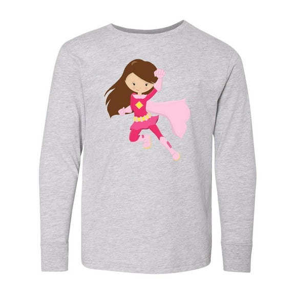Inktastic Superhero Girl, Brown Hair, Pink Costume Long Sleeve Youth T-Shirt