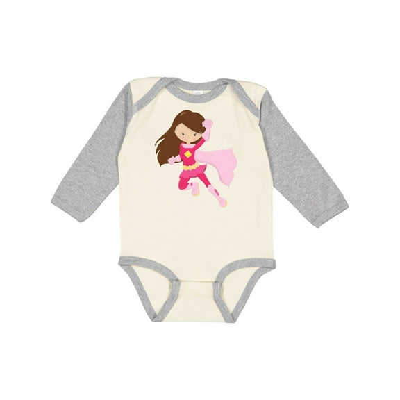 Inktastic Superhero Girl, Cute Girl, Brown Hair, Pink Cape Girls Long Sleeve Baby Bodysuit