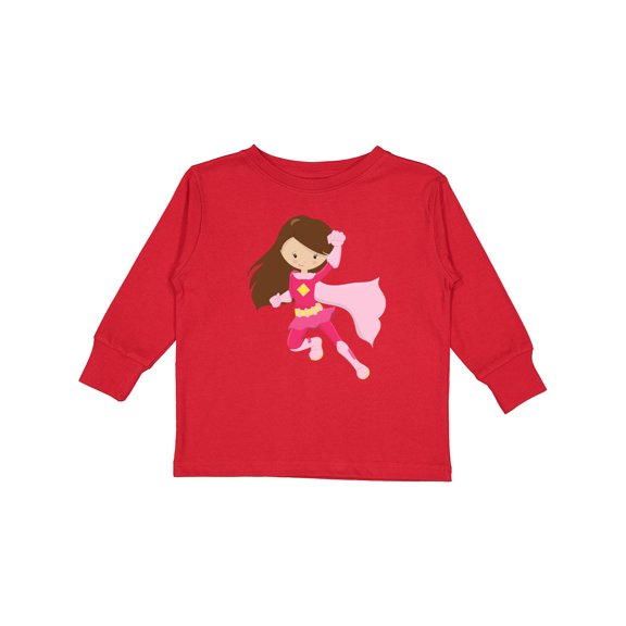 Inktastic Superhero Girl, Cute Girl, Brown Hair, Pink Cape Girls Long Sleeve Toddler T-Shirt