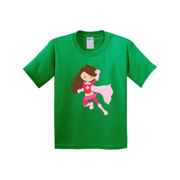 Inktastic Superhero Girl, Cute Girl, Brown Hair, Pink Cape Youth T-Shirt