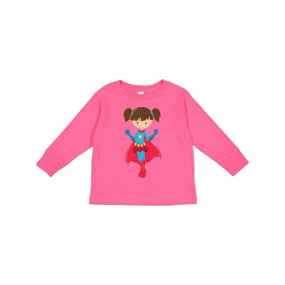 Inktastic Superhero Girl, Cute Girl, Brown Hair, Red Cape Girls Long Sleeve Toddler T-Shirt