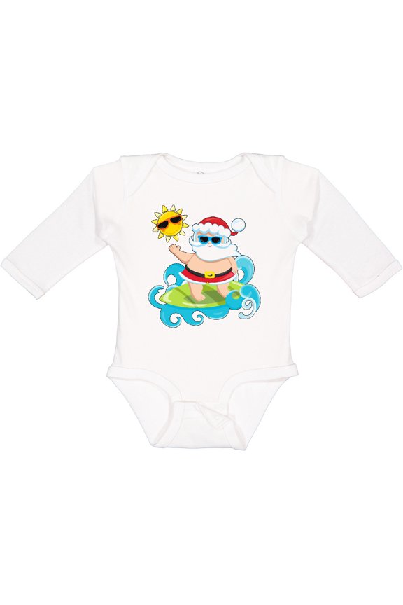 Surfing Santa Boys or Girls Long Sleeve Baby Bodysuit
