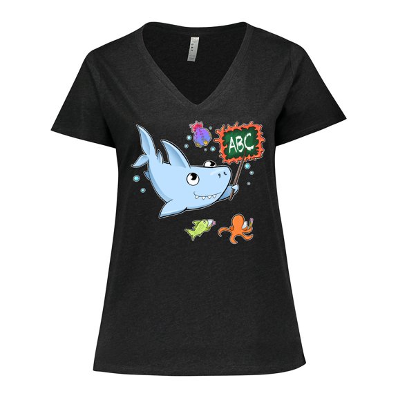 Inktastic Teacher Shark with School of Fish Women's Plus Size V-Neck T-Shirt