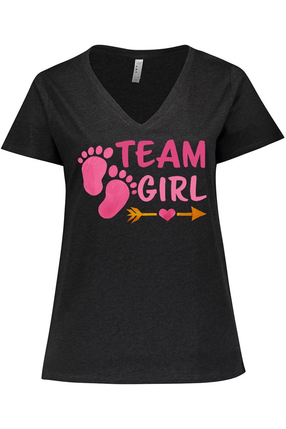 Team Girl Pink Footprints and Arrow Women's Plus Size V-Neck T-Shirt