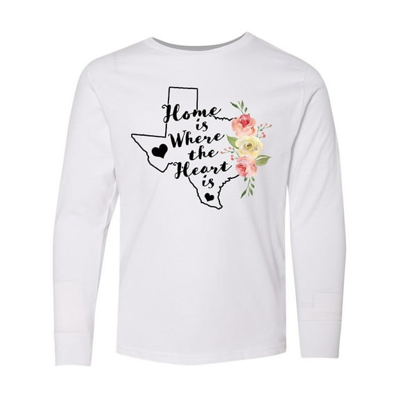Inktastic Texas Home is Where The Heart is with Watercolor Floral Long Sleeve Youth T-Shirt