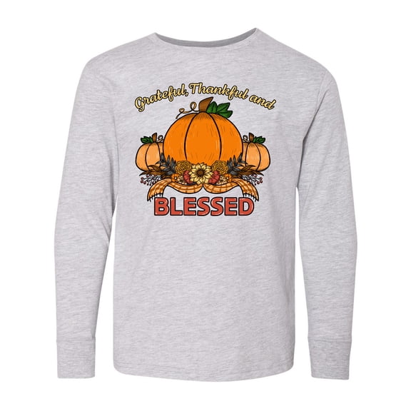 Inktastic Thankful Grateful and Blessed Pumpkins and Sunflower Long Sleeve Youth T-Shirt
