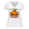 thumbnail image 1 of Inktastic Thankful Grateful and Blessed Pumpkins and Sunflower Women's Plus Size V-Neck T-Shirt, 1 of 5