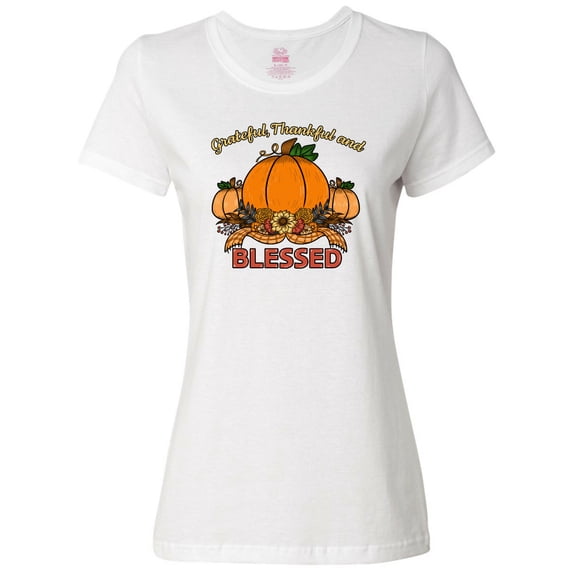 Inktastic Thankful Grateful and Blessed Pumpkins and Sunflower Women's T-Shirt