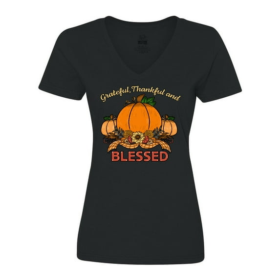 Inktastic Thankful Grateful and Blessed Pumpkins and Sunflower Women's V-Neck T-Shirt