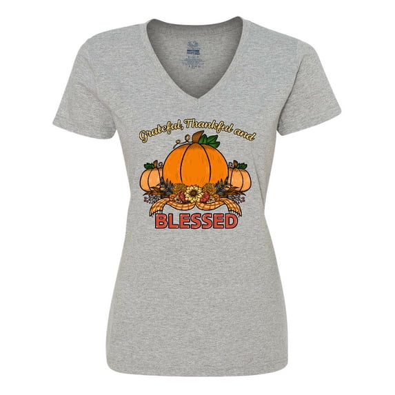 Inktastic Thankful Grateful and Blessed Pumpkins and Sunflower Women's V-Neck T-Shirt