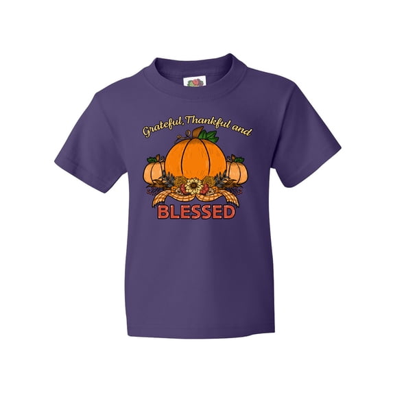 Inktastic Thankful Grateful and Blessed Pumpkins and Sunflower Youth T-Shirt