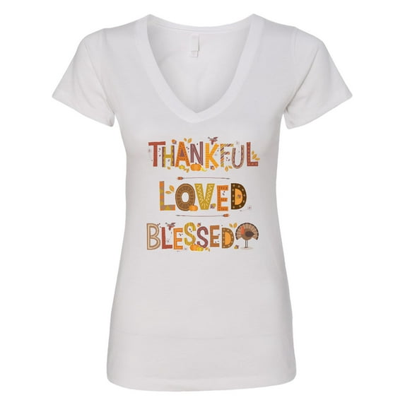 Inktastic Thankful Loved Blessed Women's V-Neck T-Shirt