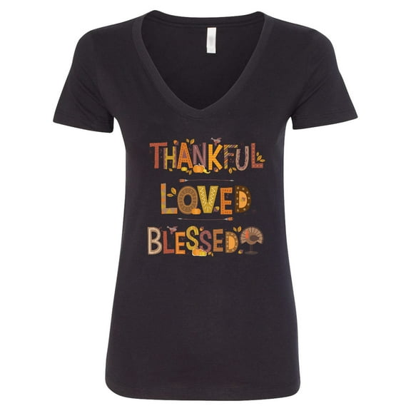 Inktastic Thankful Loved Blessed Women's V-Neck T-Shirt