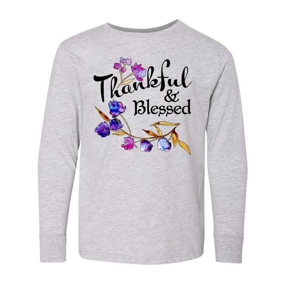 Inktastic Thankful and Blessed Inspirational Saying with Flowers Long Sleeve Youth T-Shirt