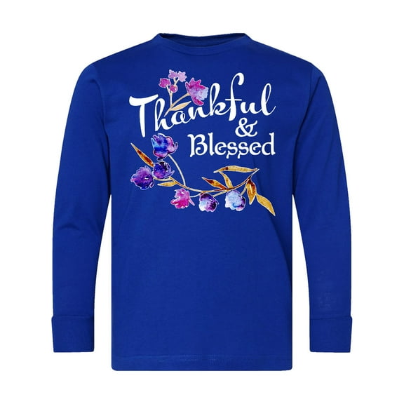 Inktastic Thankful and Blessed Inspirational Saying with Flowers Long Sleeve Youth T-Shirt