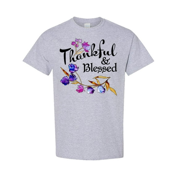 Inktastic Thankful and Blessed Inspirational Saying with Flowers T-Shirt