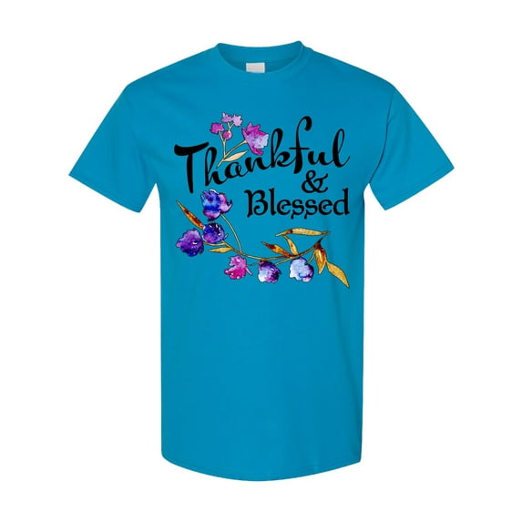 Inktastic Thankful and Blessed Inspirational Saying with Flowers T-Shirt