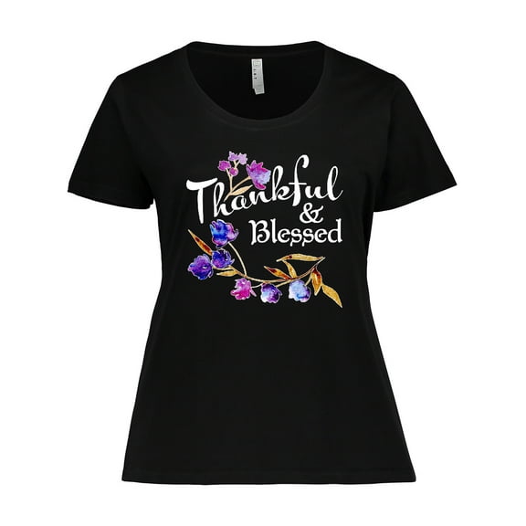 Inktastic Thankful and Blessed Inspirational Saying with Flowers Women's Plus Size T-Shirt