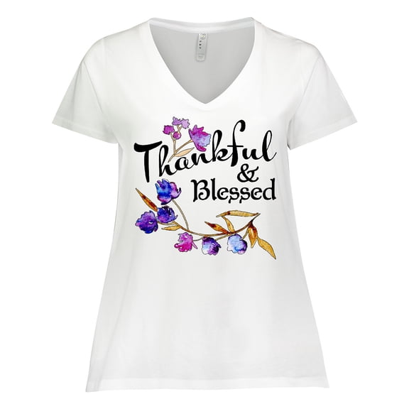Inktastic Thankful and Blessed Inspirational Saying with Flowers Women's Plus Size V-Neck T-Shirt