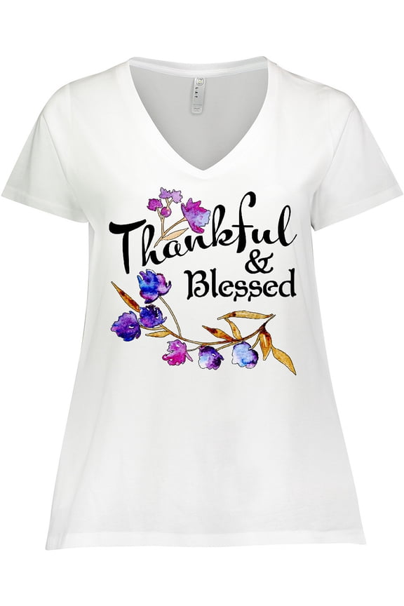 Thankful and Blessed Inspirational Saying with Flowers Women's Plus Size V-Neck T-Shirt