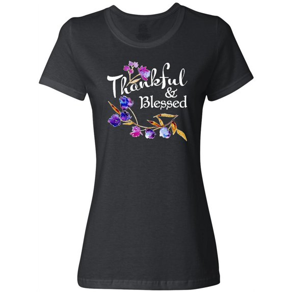 Inktastic Thankful and Blessed Inspirational Saying with Flowers Women's T-Shirt