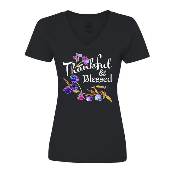 Inktastic Thankful and Blessed Inspirational Saying with Flowers Women's V-Neck T-Shirt