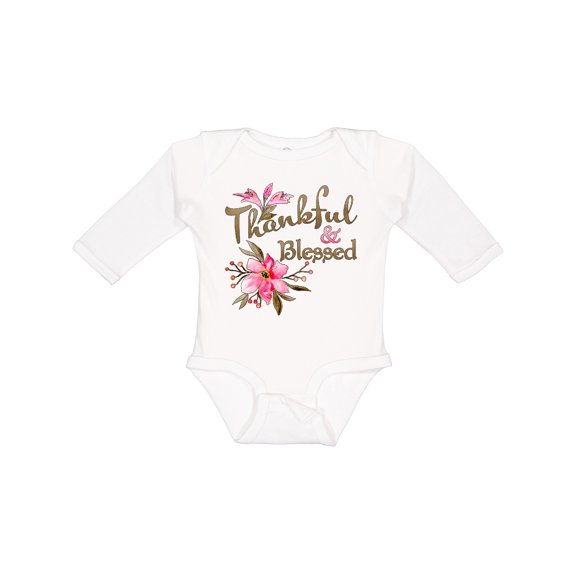Inktastic Thankful and Blessed Inspirational Saying with Pink Flowers Boys or Girls Long Sleeve Baby Bodysuit