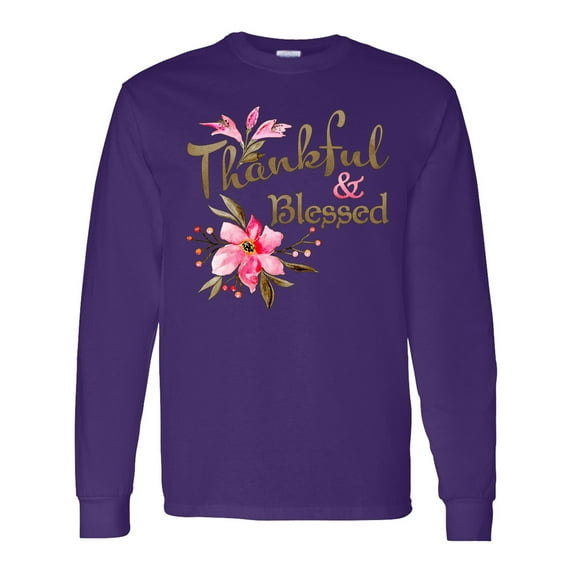 Inktastic Thankful and Blessed Inspirational Saying with Pink Flowers Long Sleeve T-Shirt