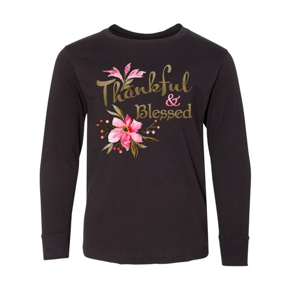 Inktastic Thankful and Blessed Inspirational Saying with Pink Flowers Long Sleeve Youth T-Shirt