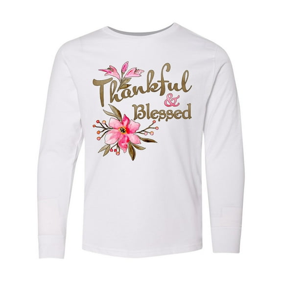 Inktastic Thankful and Blessed Inspirational Saying with Pink Flowers Long Sleeve Youth T-Shirt