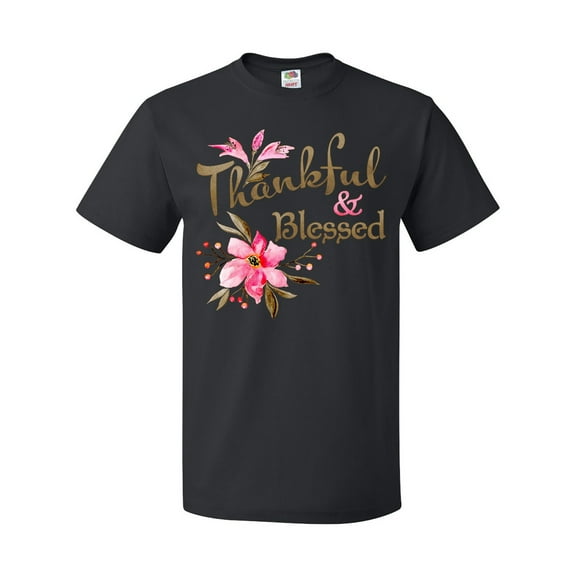 Inktastic Thankful and Blessed Inspirational Saying with Pink Flowers T-Shirt