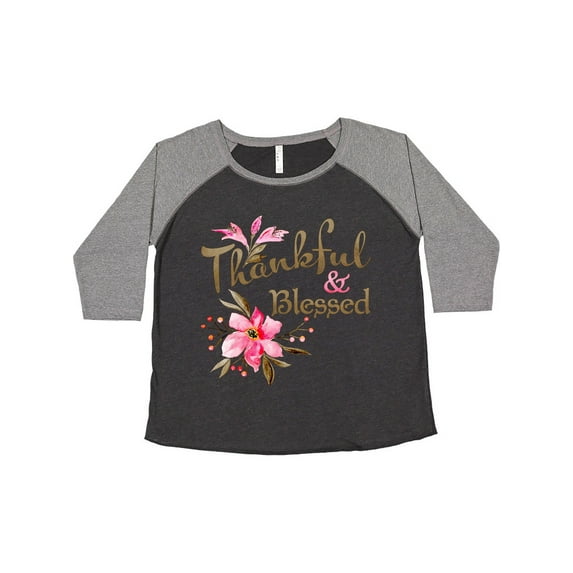 Inktastic Thankful and Blessed Inspirational Saying with Pink Flowers Women's Plus Size T-Shirt