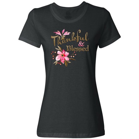 Inktastic Thankful and Blessed Inspirational Saying with Pink Flowers Women's T-Shirt