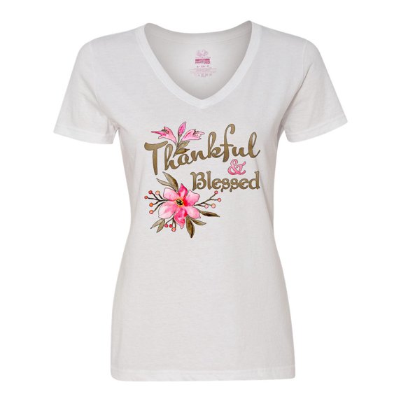 Inktastic Thankful and Blessed Inspirational Saying with Pink Flowers Women's V-Neck T-Shirt