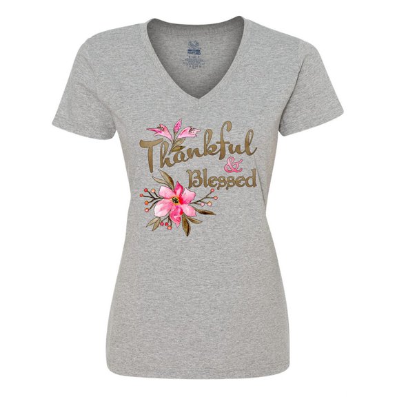 Inktastic Thankful and Blessed Inspirational Saying with Pink Flowers Women's V-Neck T-Shirt