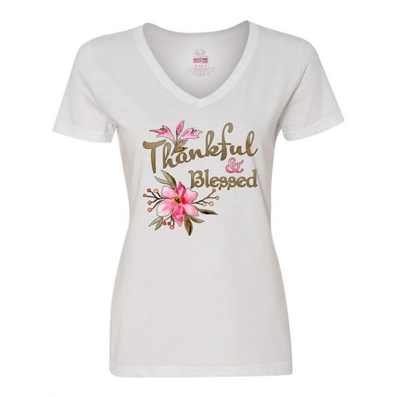 Inktastic Thankful and Blessed Inspirational Saying with Pink Flowers Women's V-Neck T-Shirt