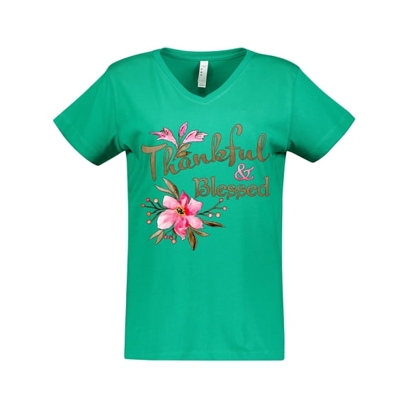 Inktastic Thankful and Blessed Inspirational Saying with Pink Flowers Women's V-Neck T-Shirt