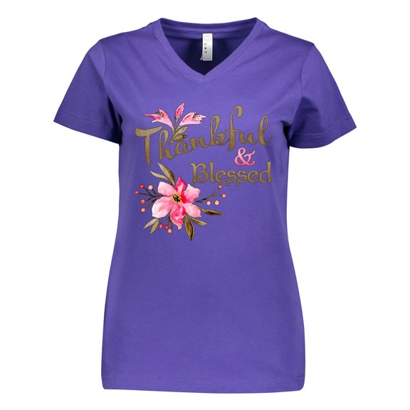 Inktastic Thankful and Blessed Inspirational Saying with Pink Flowers Women's V-Neck T-Shirt