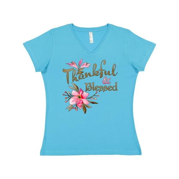 Inktastic Thankful and Blessed Inspirational Saying with Pink Flowers Women's V-Neck T-Shirt