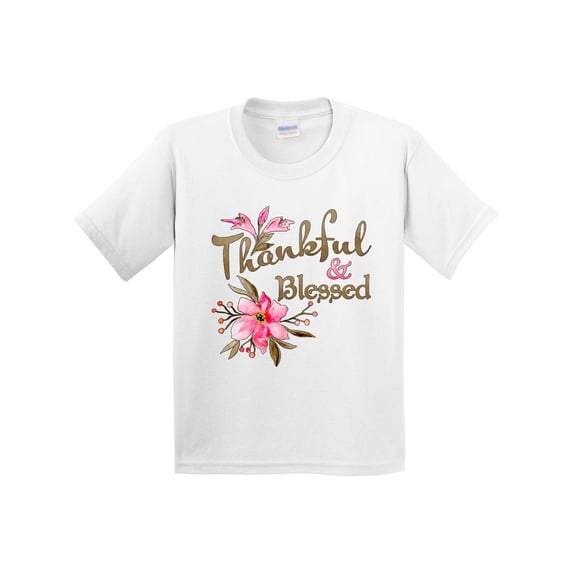 Inktastic Thankful and Blessed Inspirational Saying with Pink Flowers Youth T-Shirt