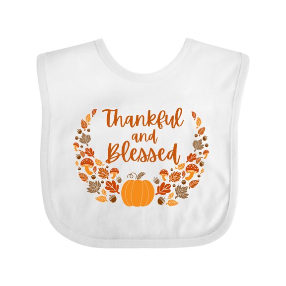 Inktastic Thankful and Blessed Pumpkin and Fall Leaves Boys or Girls Baby Bib