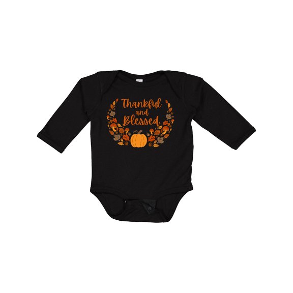 Inktastic Thankful and Blessed Pumpkin and Fall Leaves Boys or Girls Long Sleeve Baby Bodysuit