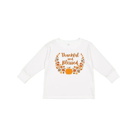 Inktastic Thankful and Blessed Pumpkin and Fall Leaves Boys or Girls Long Sleeve Toddler T-Shirt