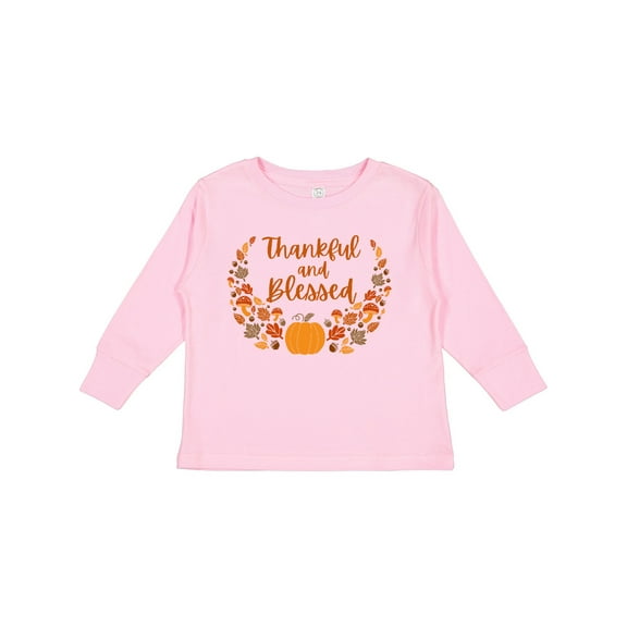 Inktastic Thankful and Blessed Pumpkin and Fall Leaves Boys or Girls Long Sleeve Toddler T-Shirt