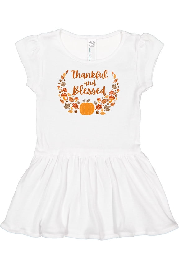 Thankful and Blessed Pumpkin and Fall Leaves Girls Baby Dress