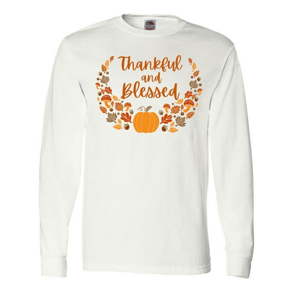 Inktastic Thankful and Blessed Pumpkin and Fall Leaves Long Sleeve T-Shirt