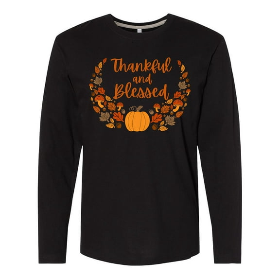 Inktastic Thankful and Blessed Pumpkin and Fall Leaves Long Sleeve T-Shirt